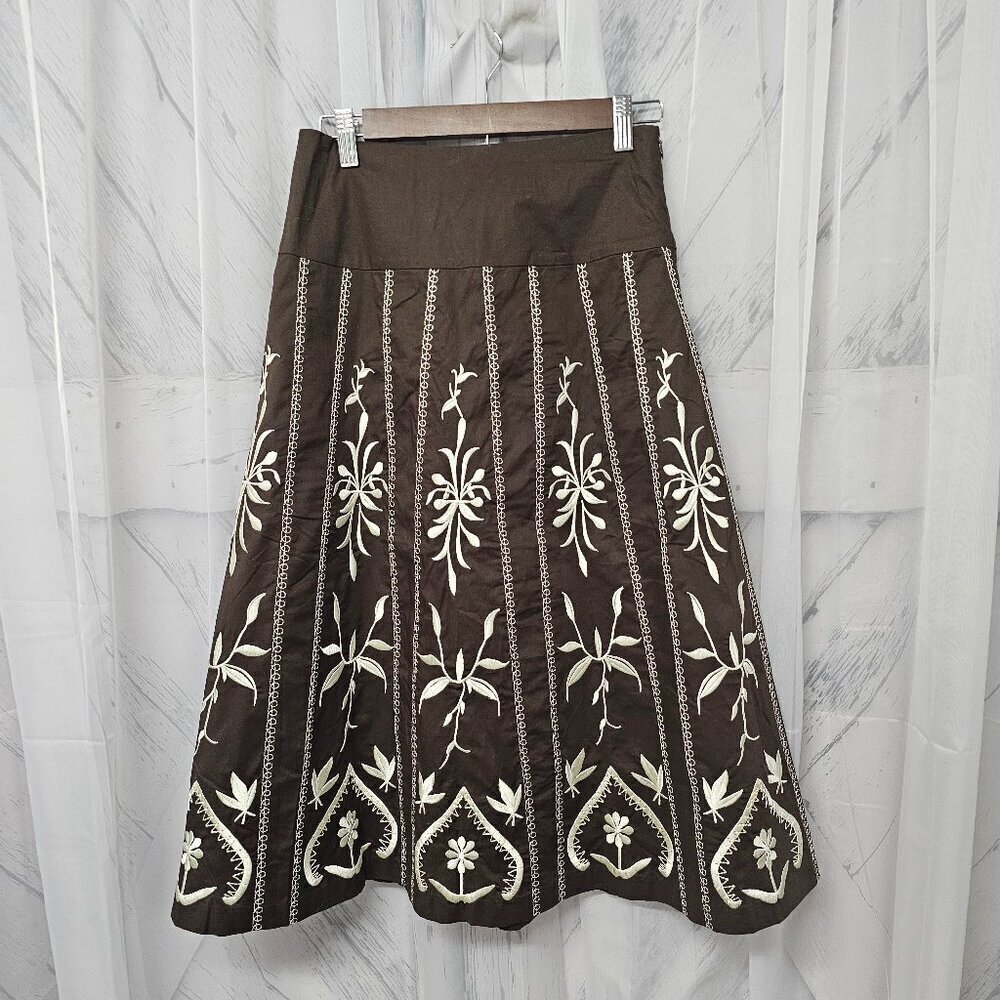 Dialogue Skirt Brown Cream Floral Embroidered Boho Festival 4